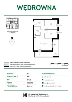 3 pokoje, mieszkanie 52,03 m², piętro 3, oferta nr B2-M27, Osiedle Wędrowna, Lublin, Sławin, ul. Wędrowna