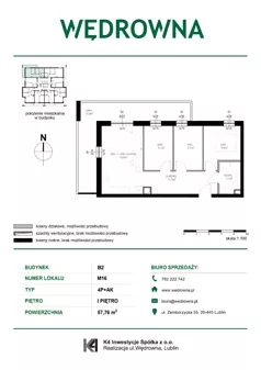 4 pokoje, mieszkanie 57,76 m², piętro 1, oferta nr M16, Osiedle Wędrowna bud. B2, Lublin, Sławin, ul. Wędrowna