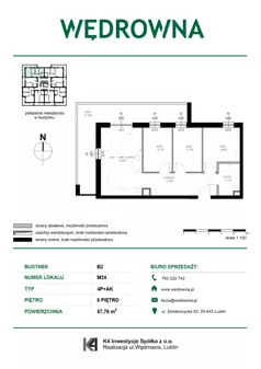 4 pokoje, mieszkanie 57,76 m², piętro 2, oferta nr M24, Osiedle Wędrowna bud. B2, Lublin, Sławin, ul. Wędrowna