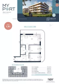 3 pokoje, apartament 62,59 m², piętro 2, oferta nr 1.A1, MyPort Apartamenty Darłówko, Darłowo, ul. Nadmorska