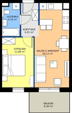 2 pokoje, mieszkanie 40,28 m², piętro 1, oferta nr 43, Osiedle Kasprowicza, Pruszcz Gdański, ul. Kasprowicza
