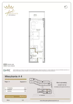 1 pokój, mieszkanie 26,04 m², piętro 1, oferta nr A4, Parkowa Rezydencja Ustroń, Ustroń, ul. Hutnicza 7