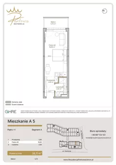 1 pokój, mieszkanie 26,11 m², piętro 1, oferta nr A5,  Parkowa Rezydencja Ustroń, Ustroń, ul. Hutnicza 7