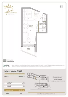2 pokoje, mieszkanie 35,15 m², piętro 1, oferta nr C62, Parkowa Rezydencja Ustroń, Ustroń, ul. Hutnicza 7