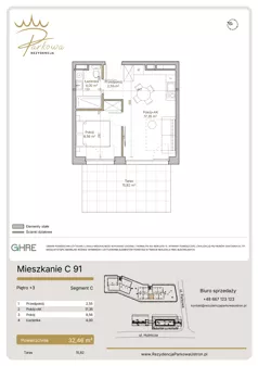 2 pokoje, mieszkanie 32,46 m², piętro 3, oferta nr C91, Parkowa Rezydencja Ustroń, Ustroń, ul. Hutnicza 7