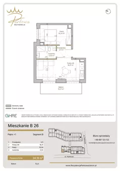 2 pokoje, apartament 34,19 m², piętro 1, oferta nr B26,  Rezydencja Parkowa Ustroń, Ustroń, ul. Hutnicza 7