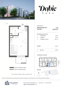 1 pokój, mieszkanie 31,42 m², piętro 2, oferta nr 2.09, Dąbie Park etap III, Szczecin, Prawobrzeże, Dąbie, ul. Komfortowa 10