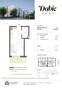 1 pokój, apartament 27,34 m², parter, oferta nr 0.01, Dąbie Park etap II, Szczecin, Prawobrzeże, Dąbie, ul. Komfortowa 10