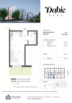 1 pokój, mieszkanie 29,06 m², parter, oferta nr 0.01, Dąbie Park etap III, Szczecin, Prawobrzeże, Dąbie, ul. Komfortowa 10