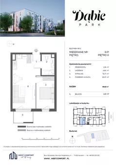 2 pokoje, mieszkanie 39,82 m², piętro 3, oferta nr 3.01, Dąbie Park etap III, Szczecin, Prawobrzeże, Dąbie, ul. Komfortowa 10