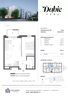 2 pokoje, mieszkanie 46,30 m², piętro 3, oferta nr 3.04, Dąbie Park etap III, Szczecin, Prawobrzeże, Dąbie, ul. Komfortowa 10