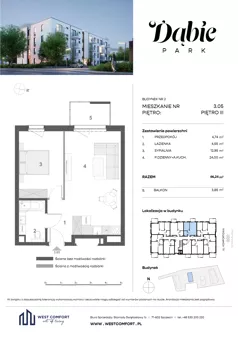 2 pokoje, mieszkanie 46,24 m², piętro 3, oferta nr 3.05, Dąbie Park etap III, Szczecin, Prawobrzeże, Dąbie, ul. Komfortowa 10