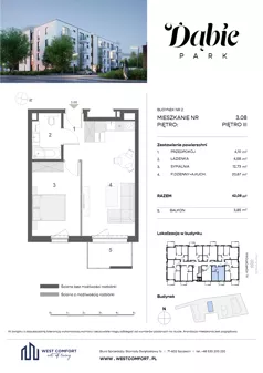 2 pokoje, mieszkanie 42,08 m², piętro 3, oferta nr 3.08, Dąbie Park etap III, Szczecin, Prawobrzeże, Dąbie, ul. Komfortowa 10