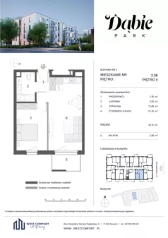 2 pokoje, mieszkanie 42,01 m², piętro 2, oferta nr 2.08, Dąbie Park etap III, Szczecin, Prawobrzeże, Dąbie, ul. Komfortowa 10