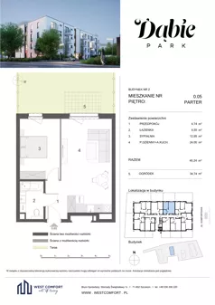 2 pokoje, mieszkanie 46,24 m², piętro 1, oferta nr 1.05, Dąbie Park etap III, Szczecin, Prawobrzeże, Dąbie, ul. Komfortowa 10