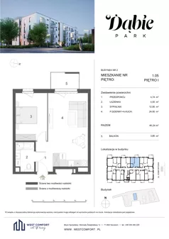 2 pokoje, mieszkanie 46,24 m², piętro 1, oferta nr 1.05, Dąbie Park etap III, Szczecin, Prawobrzeże, Dąbie, ul. Komfortowa 10