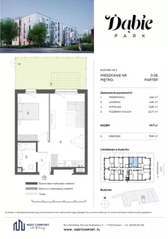 2 pokoje, mieszkanie 43,27 m², piętro 2, oferta nr 2.01, Dąbie Park etap II, Szczecin, Prawobrzeże, Dąbie, ul. Komfortowa 10