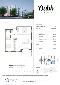 3 pokoje, mieszkanie 63,53 m², piętro 1, oferta nr 1.08, Dąbie Park etap II, Szczecin, Prawobrzeże, Dąbie, ul. Komfortowa 10