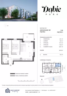 3 pokoje, mieszkanie 59,59 m², piętro 1, oferta nr 1.06, Dąbie Park etap III, Szczecin, Prawobrzeże, Dąbie, ul. Komfortowa 10