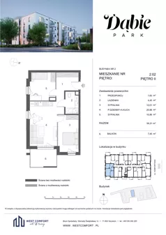 3 pokoje, mieszkanie 56,01 m², piętro 2, oferta nr 2.02, Dąbie Park etap III, Szczecin, Prawobrzeże, Dąbie, ul. Komfortowa 10