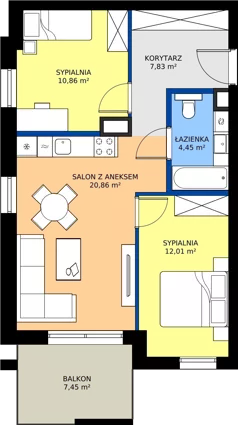 3 pokoje, apartament 56,01 m², piętro 2, oferta nr 2.02, Dąbie Park etap III, Szczecin, Prawobrzeże, Dąbie, ul. Komfortowa 10