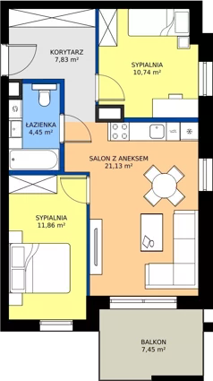 3 pokoje, mieszkanie 56,01 m², piętro 1, oferta nr 1.07, Dąbie Park etap III, Szczecin, Prawobrzeże, Dąbie, ul. Komfortowa 10