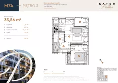 2 pokoje, mieszkanie 33,56 m², piętro 3, oferta nr 74, KATER Pallas, Kielce, Centrum, ul. Śniadeckich 33