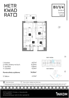2 pokoje, mieszkanie 34,06 m², piętro 1, oferta nr B1/1/4, Metr Kwadrat II, Wrocław, Nowy Dwór, ul. Nowodworska 17B