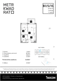 2 pokoje, mieszkanie 34,00 m², piętro 5, oferta nr B1/5/15, Metr Kwadrat II, Wrocław, Nowy Dwór, ul. Nowodworska 17B