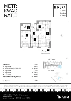 4 pokoje, mieszkanie 53,33 m², piętro 5, oferta nr B1/5/7, Metr Kwadrat II, Wrocław, Nowy Dwór, ul. Nowodworska 17B