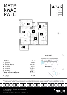 4 pokoje, mieszkanie 53,91 m², piętro 5, oferta nr B1/5/12, Metr Kwadrat II, Wrocław, Nowy Dwór, ul. Nowodworska 17B