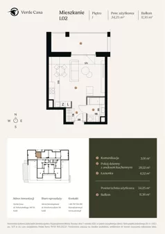 1 pokój, mieszkanie 34,25 m², piętro 1, oferta nr 1.02., Verde Casa, Łódź, Górna, ul. Felszczyńskiego 30