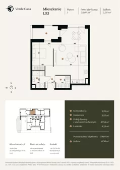 1 pokój, mieszkanie 58,07 m², piętro 1, oferta nr 1.03., Verde Casa, Łódź, Górna, ul. Felszczyńskiego 30