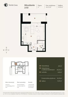 1 pokój, mieszkanie 34,33 m², piętro 2, oferta nr 2.02., Verde Casa, Łódź, Górna, ul. Felszczyńskiego 30