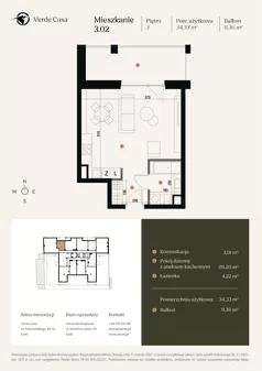 1 pokój, mieszkanie 34,33 m², piętro 3, oferta nr 3.02., Verde Casa, Łódź, Górna, ul. Felszczyńskiego 30