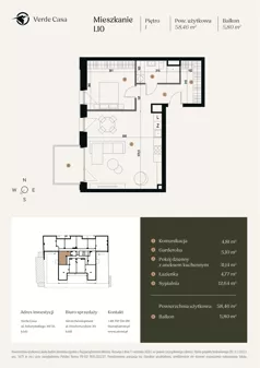 2 pokoje, mieszkanie 58,46 m², piętro 1, oferta nr 1.10., Verde Casa, Łódź, Górna, ul. Felszczyńskiego 30