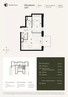2 pokoje, mieszkanie 43,55 m², piętro 2, oferta nr 2.07., Verde Casa, Łódź, Górna, ul. Felszczyńskiego 30
