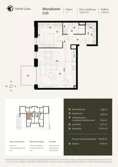 2 pokoje, mieszkanie 58,46 m², piętro 2, oferta nr 2.10., Verde Casa, Łódź, Górna, ul. Felszczyńskiego 30