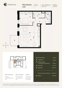 2 pokoje, mieszkanie 58,46 m², piętro 3, oferta nr 3.10., Verde Casa, Łódź, Górna, ul. Felszczyńskiego 30
