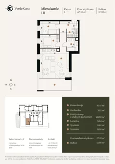 3 pokoje, mieszkanie 65,21 m², piętro 1, oferta nr 1.11., Verde Casa, Łódź, Górna, ul. Felszczyńskiego 30