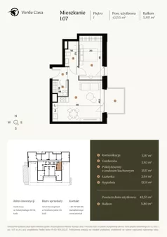 2 pokoje, mieszkanie 43,55 m², piętro 1, oferta nr 1.07., Verde Casa, Łódź, Górna, ul. Felszczyńskiego 30