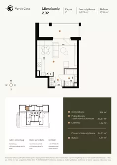 1 pokój, mieszkanie 34,33 m², piętro 2, oferta nr 2.02., Verde Casa, Łódź, Górna, ul. Felszczyńskiego 30