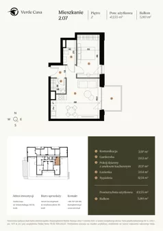 2 pokoje, mieszkanie 43,55 m², piętro 2, oferta nr 2.07., Verde Casa, Łódź, Górna, ul. Felszczyńskiego 30