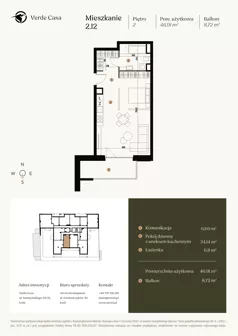 1 pokój, mieszkanie 46,91 m², piętro 2, oferta nr 2.12., Verde Casa, Łódź, Górna, ul. Felszczyńskiego 30