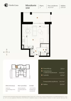 1 pokój, mieszkanie 34,33 m², piętro 3, oferta nr 3.02., Verde Casa, Łódź, Górna, ul. Felszczyńskiego 30