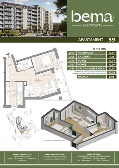3 pokoje, apartament 61,30 m², piętro 2, oferta nr 59, Apartamenty Bema, Białystok, Przydworcowe, ul. Gen Józefa Bema 36 