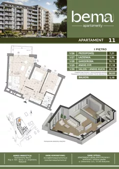 3 pokoje, apartament 58,83 m², piętro 1, oferta nr 11, Apartamenty Bema, Białystok, ul. Gen Józefa Bema 36 
