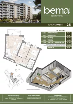 3 pokoje, apartament 58,28 m², piętro 3, oferta nr 25, Apartamenty Bema, Białystok, ul. Gen Józefa Bema 36 