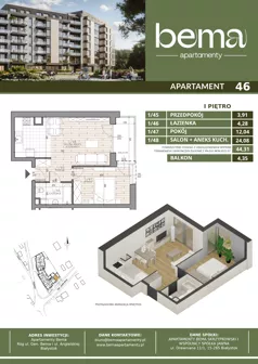 2 pokoje, apartament 44,31 m², piętro 1, oferta nr 46, Apartamenty Bema, Białystok, ul. Gen Józefa Bema 36 