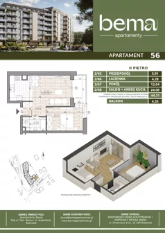 2 pokoje, apartament 44,31 m², piętro 2, oferta nr 56, Apartamenty Bema, Białystok, ul. Gen Józefa Bema 36 